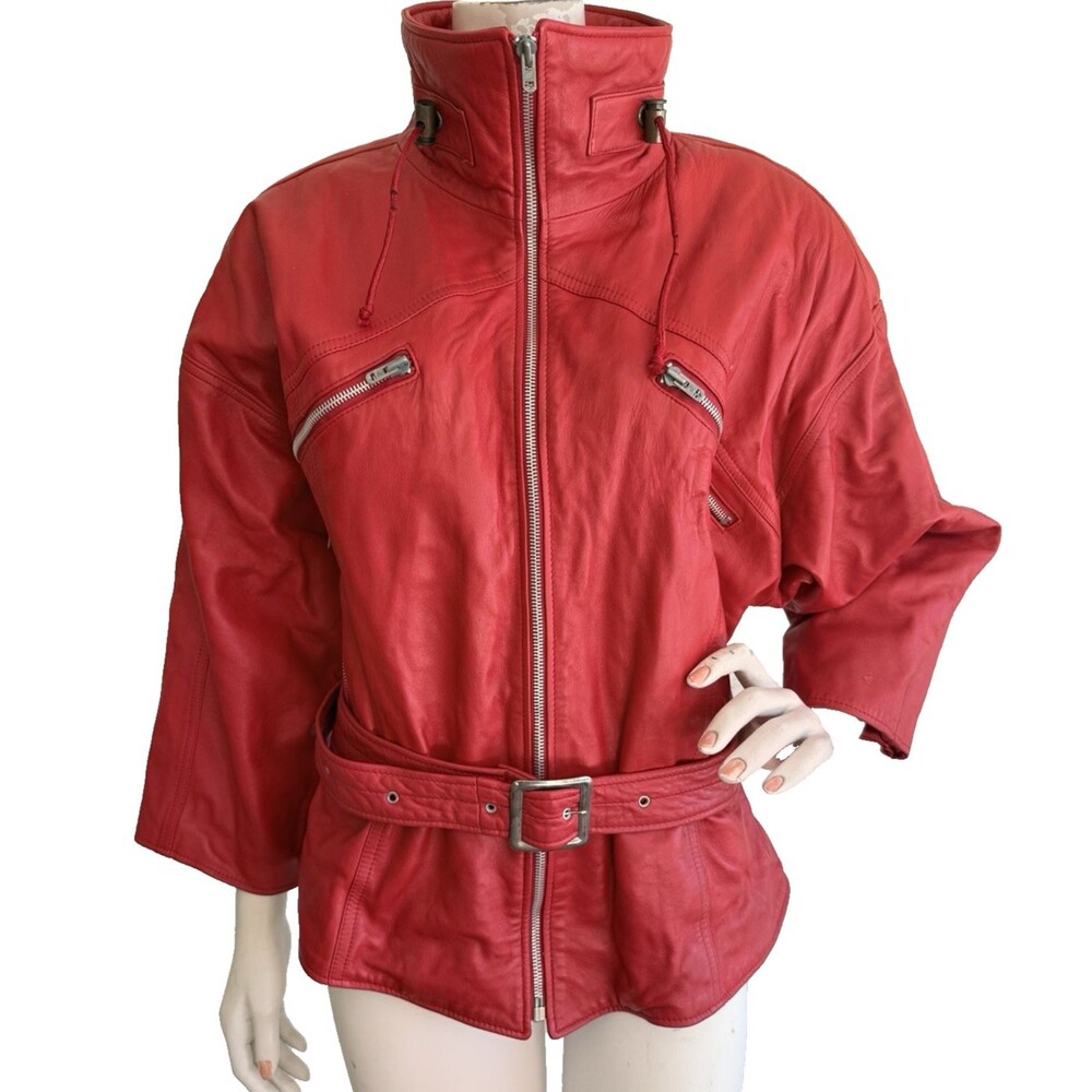 PANO SERETI New York Vintage 80s Red Genuine Leather Jacket Zip Front Belted M
